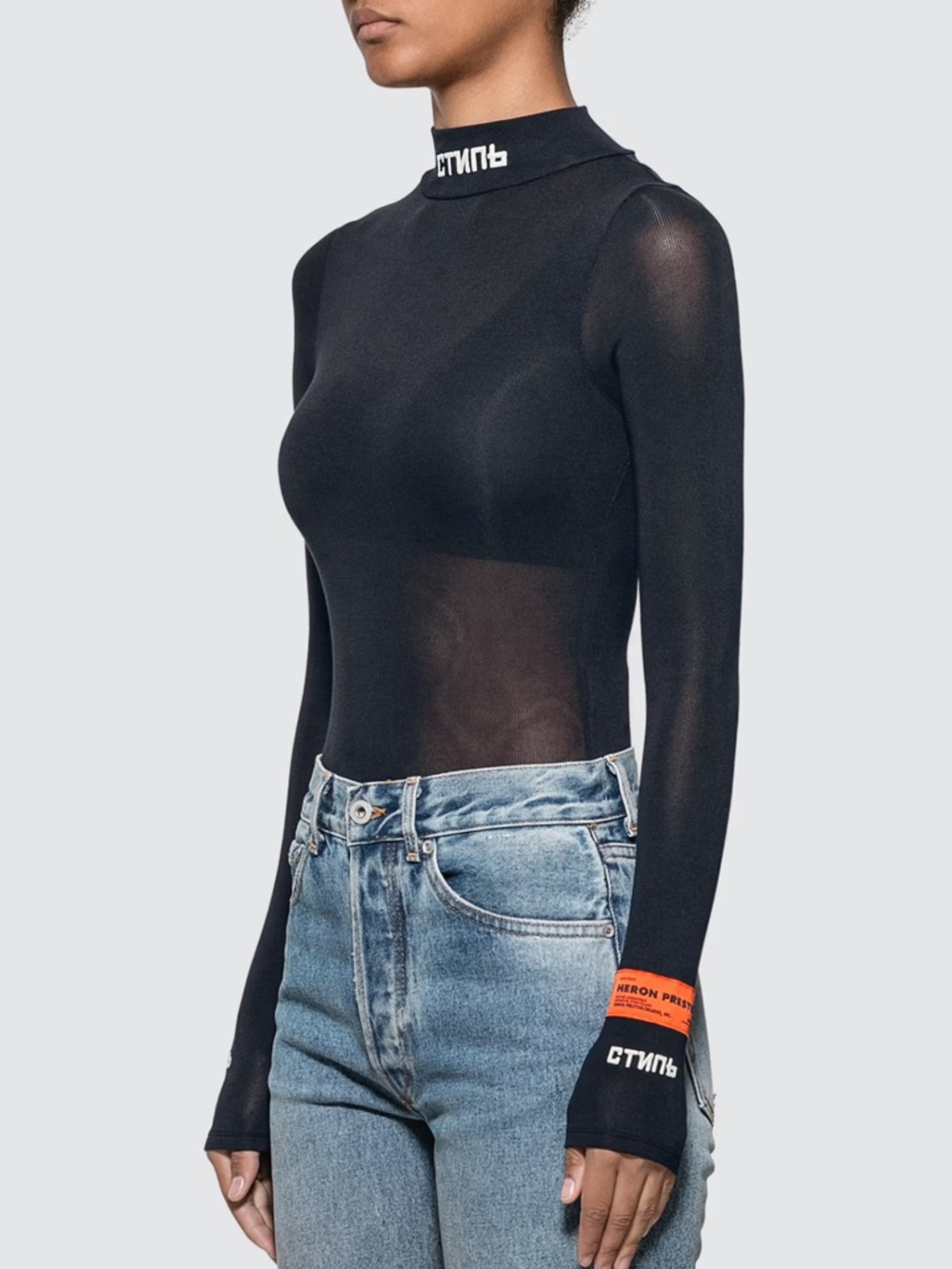 Heron Preston Black Sheer Long-Sleeve Bodysuit with Logo Neck - Picture 3 of 5